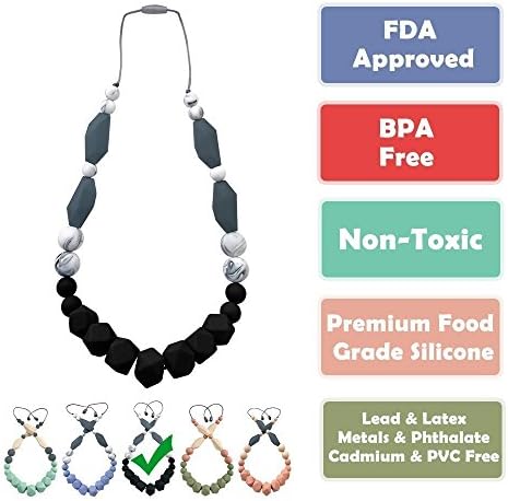 Baby Teething Necklace for Mom: Silicone Baby Teether Necklace for Teething Pain Relief In Babies &amp; Toddlers| Sturdy &amp; Stylish Chewable Necklace for Boys &amp; Girls| Baby Shower Gift (Black/Marble/Grey)