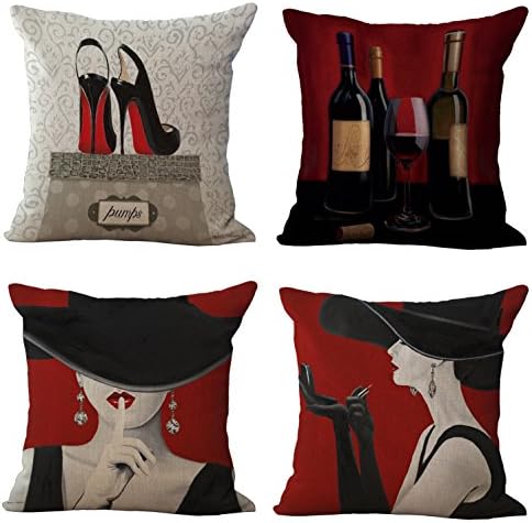 Famulei 4 Pack Romantic Wines Sexy Red Lips Charming Woman Chair Seat Back Pillow Cover 18X18 Inch Cotton Linen Throw Pillow Case Square Pillowslip Cushion Cover Home Bed Sofa Couch Decor