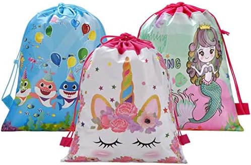 LongSky 14 Pcs Unicorn Party Favors Bags,Mermaid Party Bags and Little Shark Party Bags Drawstring Bags for Kids Party Decoration
