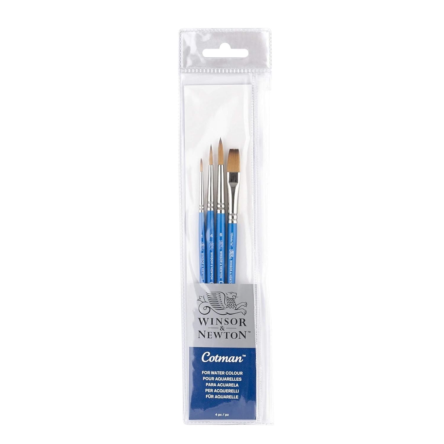 Winsor & Newton, Cotman Watercolour Synthetic Brushes, Short Handle, Pack of 4 (1,4,and 6 Round and 10mm One Stroke)