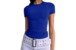 Dwnval Womens Sexy Basic T Shirts Summer Short Sleeve Crewneck Slim Fit Cute Crop Tops