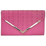 BMC Womens Fuchsia Pink PU Leather Alligator Skin Pattern Perforated Glitter Metal Accent Envelope Flap Clutch Handbag