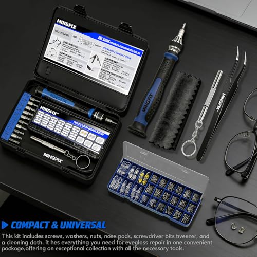 Eyeglass Sunglass Repair Kit,MINGFIX Magnetic Eye Glasses Repairing Tool Kit with Assorted Screws,Nose Pads,Small Screwdriver Bit Set & Tweezer with Mini Travel Case for Glasses,Sunglasses and Others