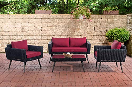 CLP Polyrattan Loungeset Kiruna I Schwarz I Gartenlounge Rundrattan I Sofa & 2X Sessel & Glastisch I 5mm Rattandicke…
