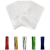 50Pcs Cellophane Bags, Cello Cellophane Treat Bags 3x4 Plastic Gift Bags for Packaging Cookies, Pretzel Rod, Sandwich, Candy, Chocolate, Clear Party Favor Bags with Ties