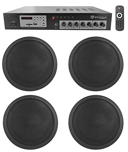 Rockville Commercial 70v Amp+(4) Black 5″ Ceiling Speakers 4 Restaurant/Bar/Cafe