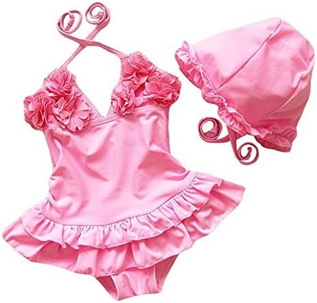 HLWLWOLFOYC Baby Girls Flower Flounced One Piece Swimsuit With Hat Pink 1-2 Years Small