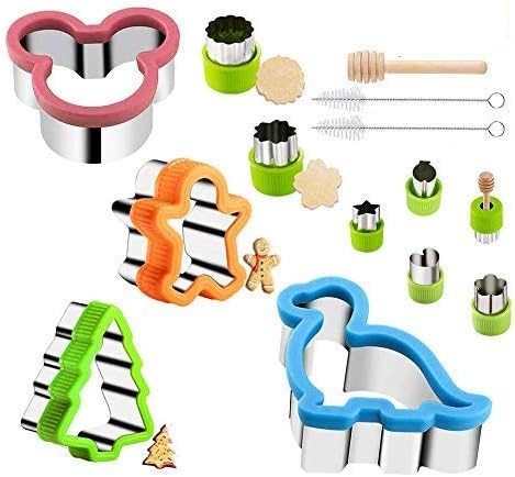 Resher Sandwich Cookie Cutter Set - 2 Sandwich Cutter, 2 Bread Cutter, 7 Vegetable Fruit Cutter, 2 brush and 1 wood stick - Easy to Use and Clean