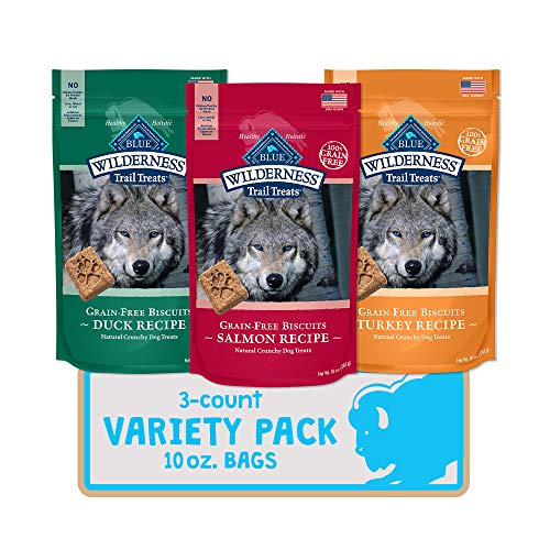 Blue Buffalo Wilderness Trail Treats High Protein Grain Free Crunchy Dog Treats Biscuits, Duck, Turkey, & Salmon Recipes 10-oz Variety Pack, 3Ct