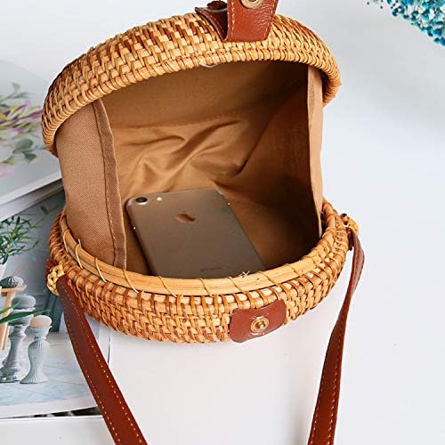 YOUTHUNION Rattan Bag Round Knitted Straw Bag Tropical Beach Style Crossbody Handwoven Tote Basket Bali Leather Strap Bags (Style 6) - Image 5