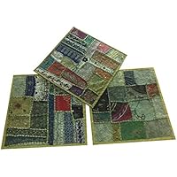 Boho Decorative Set Of 3 Indian Throw Pillow Cases Cotton Green Embroidered Patchwork Cushion Cover 16
