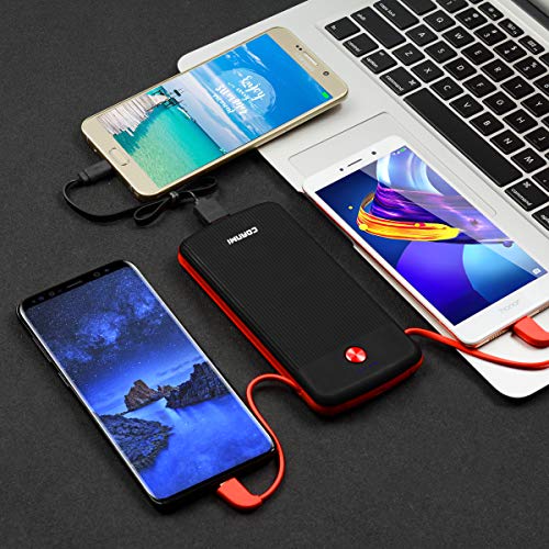 CORNMI 10000mAh Power Bank, External Battery Charger Pack Ultra Slim USB C Portable Charger with Built-in Micro USB Cable Compatible for iPhone, Samsung, Huawei, iPad and More - Black