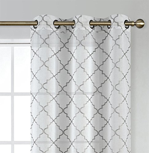 Miuco White Sheer Curtains Embroidery Trellis Design Grommet