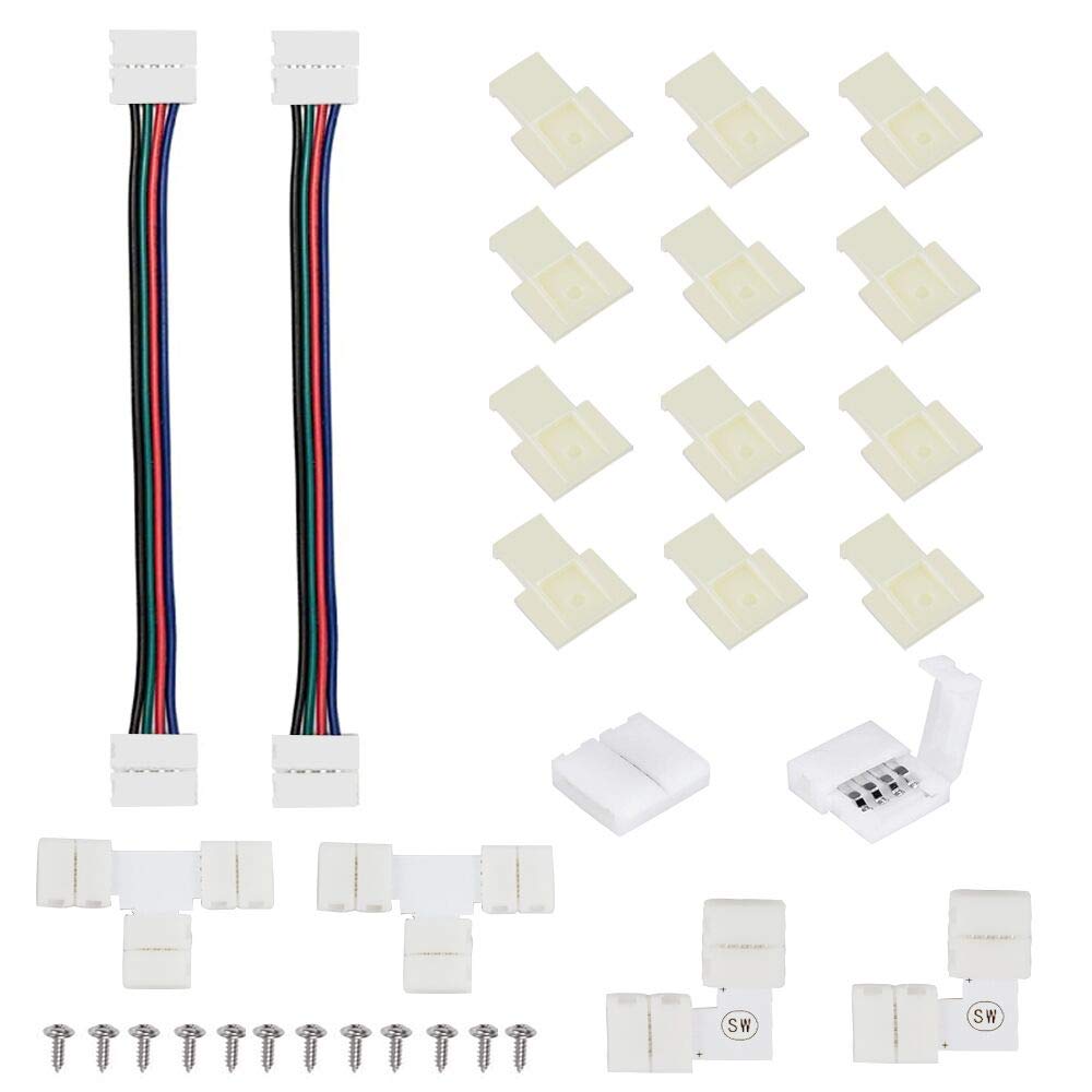 RGB LED Strip Connector Kit, JESLED 5050 10MM 4 Pin Light Strips Clips with 3M Tape, Screws, “L” ”T” Corner Extension Connectors, Unwired Gapless Solderless LED Lights Accessories for DIY Decoration