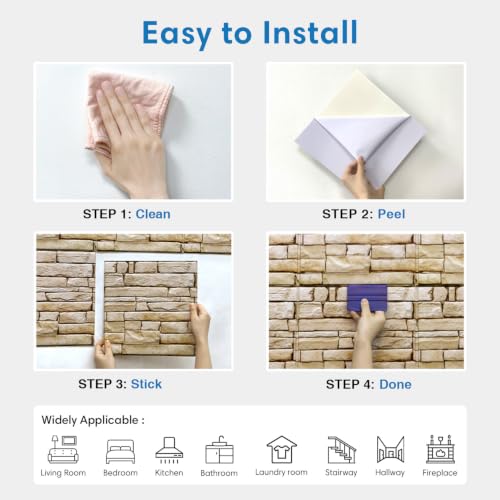 COMSTICKC 3D Stone Adhesive Panels, Brown, 10 Pieces 30 x 30 cm, 3D Brick Wall Stickers, PVC Faux Stone Panel for Decorative Interior Walls Kitchen, Bathroom, Living Room