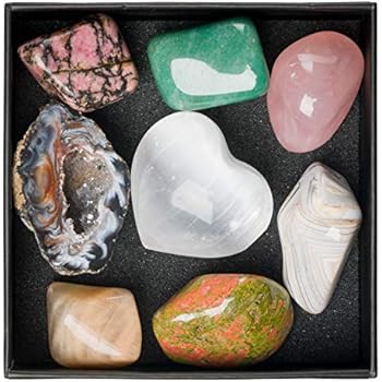 Premium Quality Crystal Set for New Beginnings, Moon Meditations, Fertility - Rose Quartz, Unakite, Rhodonite, Moonstone, Green Aventurine, Agate, Occo Geode, Selenite + Info Guide & Gift Box