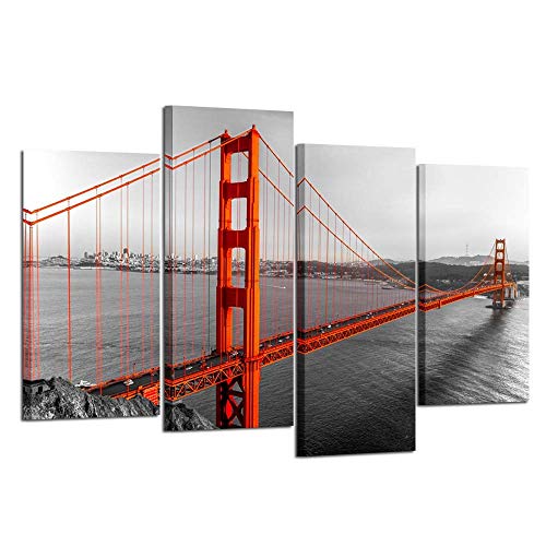 Kreative Arts Extra Large 4 Pieces Black White and Red Canvas Prints Wall Art San Francisco Golden Gate Bridge Pictures Cityscape Painting Printed on Canvas Art Work for Walls Decoration L64xH43 (Best Golden Gate Bridge Photos)