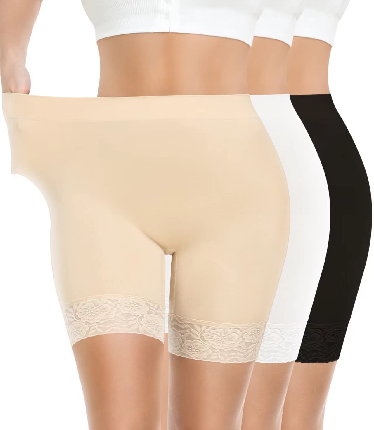 Photo 1 of ***(MISSING 1)***3 Pack Lace Slip Shorts for Under Dresses Women Smooth Anti-chafing Boyshorts Seamless Underwear Safety Shorts (Black+Nude+White,S)