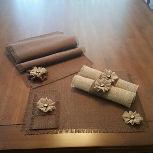 Burlap Rustic Brown Table Runners, Placemats, Silverware Holders, Napkin Rings or Decorative Napkins with Handmade Natural Flower Accent (Quantities of 4 or 6)