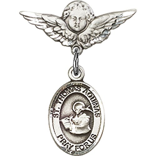 Sterling Silver Baby Badge with St. Thomas Aquinas Charm and Angel w/Wings Badge Pin 7/8 X 3/4 inches