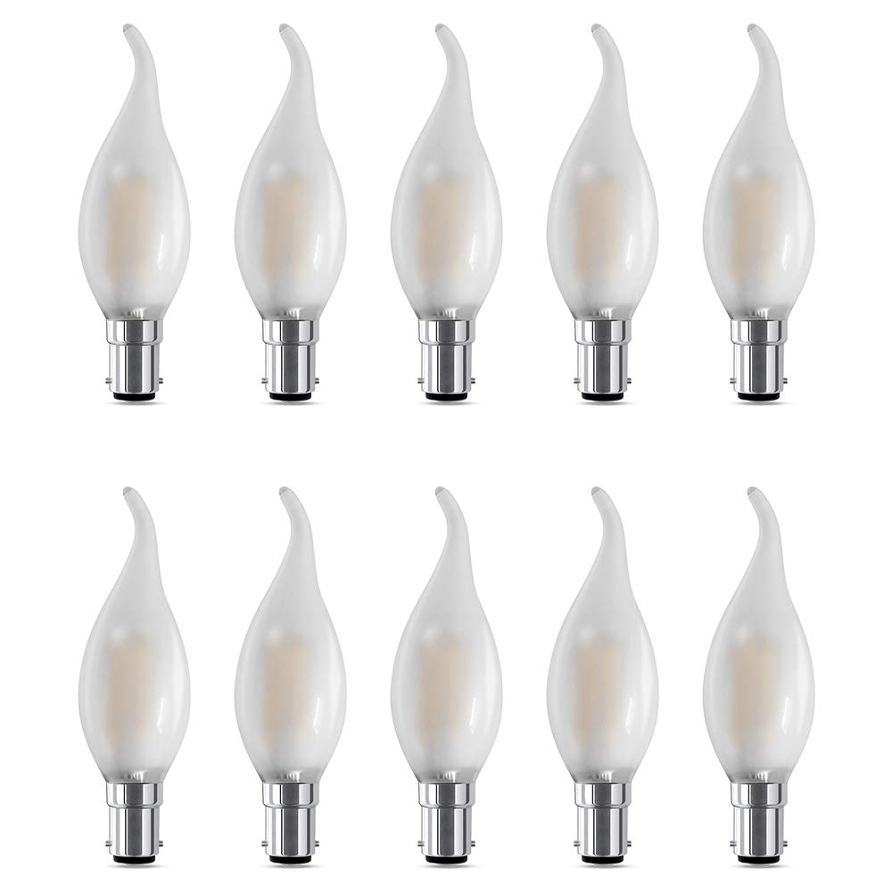 BELINGGO B15 SBC Small Bayonet Cap Candle Bulbs, B15d LED Dimmable Filament Candelabra Bulbs, C35 Soft Warm White 2700K, Frosted Glass Flame Shape Bent Tip, Energy Saving Light Bulb, 10 Pack