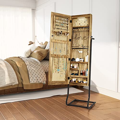 SRIWATANA Jewelry Armoire Solid Wood Standing Jewelry Organizer with Full Length Mirror