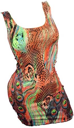 UBYMI Women's Sexy Clubwear tank neckline Sleevele Mini Dress Strippers Lycra Peacock Feathers print