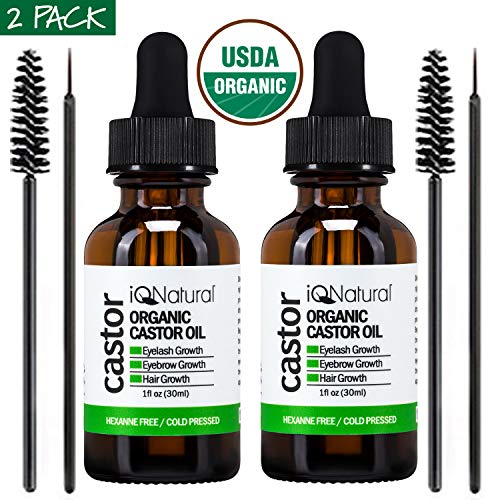 Organic Castor Oil - 100% USDA Certified Pure Cold Pressed - Boost Growth For Eyelashes, Hair, Eyebrows, Face and Skin - with Treatment Applicator Kit 1oz (30ml) ((2 Pack) 1oz each CASTER)