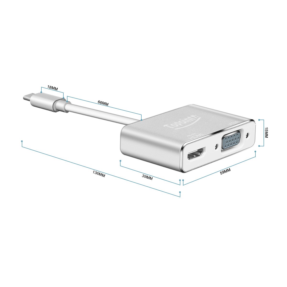 USB 3.1 Typ C auf HDMI VGA Adapter, Topoint Typ C (USB-C, Thunderbolt 3 Kompatibel) auf VGA HDMI (4Kx2K) 2 in 1 Adapterkabel Konverter für Macbook（Nicht unterstützt Macbook pro 2017） / Chromebook Pixel / Microsoft Lumia 950XL