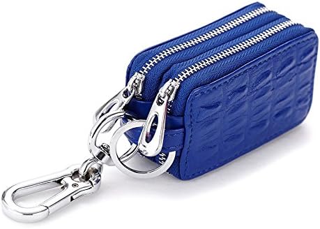 Wismart Genuine Leather Car key Chain bag, Double Layer Smart Key Chain Coin Holder Metal Hook Zipper Remote Wallet Bag-Blue