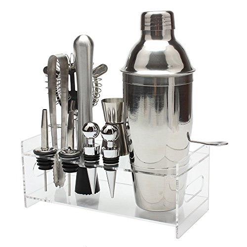 Fenleo Cocktail Shaker Set Bartender Kit with Acrylic Base by 18.8 oz Stainless Steel Shaker, Strainer,Muddler, Mixing Spoon,Ice Tongs, Jigger, 2 Liquor pourers,2 Wine stopper