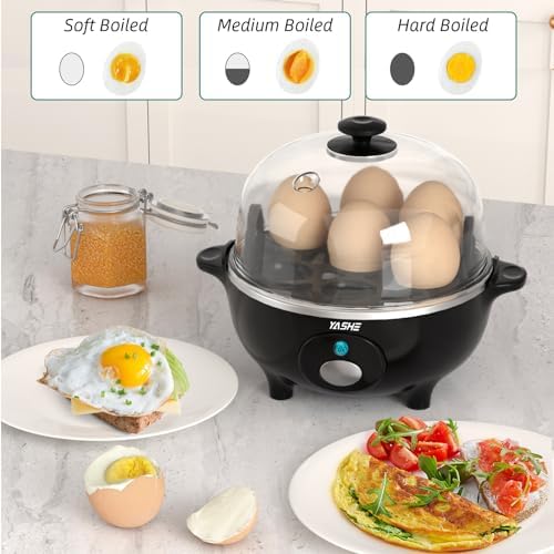 Eierkocher, 360W Kompakter Egg Cooker Multifunktional, 7 Eier leicht zu Pellen, Weich, Mittel, Hart Gekocht, Eierbecher, Omelett-maker, Dampfgarer, Signalton, Kontrollleuchte, BPA-frei