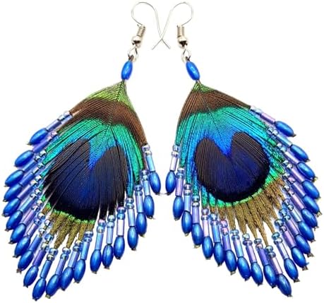 Peacock Feather Dangle Earrings – Blue Green Accent Peacock Feather Earrings – David Howell & Company main image 2