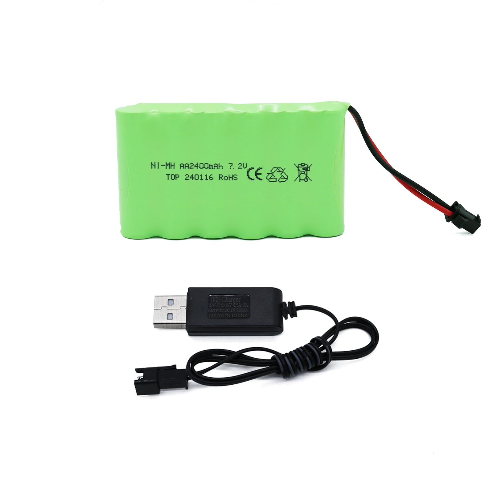 Tosiicop 7.2V 2400mAh NiMH Battery - RC Car Rechargeable Battery AA with SM-2P 2 Pin Plug and USB Charge Cable for RC Truck Car Boat High Speed Capacity Cars Vehicles Batteries (7.2V 2400mAh)