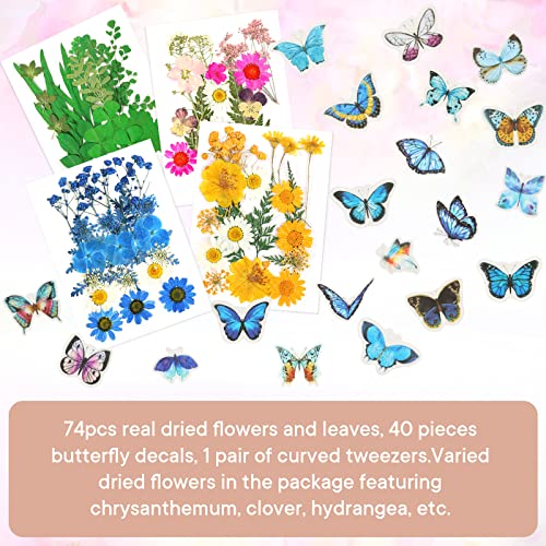 HAKACC Dried Pressed Flowers, 115PCS Flat Flowers for Resin Real Dried Flowers Leaves and Butterfly Stickers for Scrapbooking Jewellery Nail Art DIY crafts