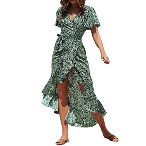 Women's Floral Maxi Dresses Boho Ruffle Split Beach Party Dress Flowy Front Slit High Low Summer Wedding Dress Green