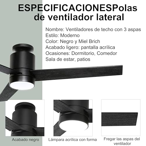 Ohniyou Ventilador de techo de 52 pulgadas con luz y mando a distancia, 6 velocidades, 3 temperaturas de color regulable LED ventilador de techo para uso en interiores al aire libre (Negro)