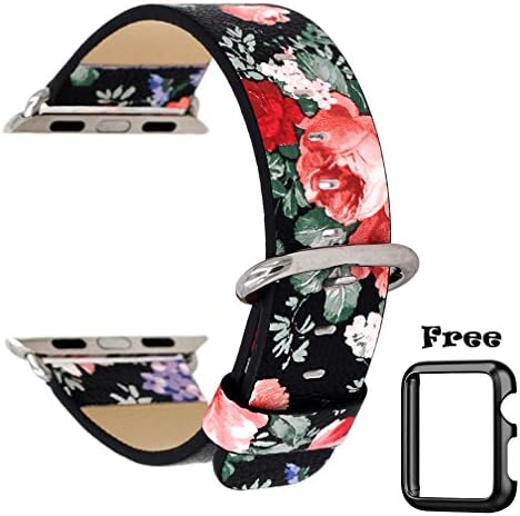 Ezzdo Apple Watch Band 38mm, Premium PU Leather Strap Wrist Replacement Bracelets Rose Flower For Women Girls Series 1 or 2 38mm 42mm All Models (Black Flower, 38mm)