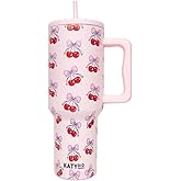 KATYDID 38oz Stainless Steel Tumbler with Handle and Straw - Dishwasher Safe Insulated Tumbler for All-Day Hot or Cold Coffee, Water, Tea, Smoothies and More (Cherry Bow)