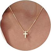 Plenky Cross Necklace, 14K Gold Plated Box Chain Cross Pendant Necklace Dainty Simple Silver Cross Tiny Necklace for Women