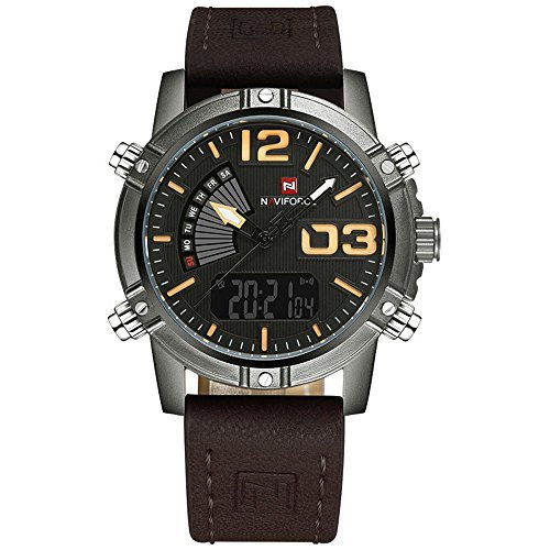 NAVIFORCE 9095 (Coffee) Men's Sports Waterproof Leather Strap Good Quality Week Quartz LED Watch