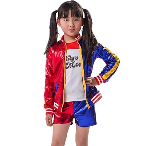 Cosplay-Kostüme Suicide Squad Harley Quinn Kinder T-Shirt, Jacke, Hose, Handschuh, Zubehör für Party, Halloween, 130