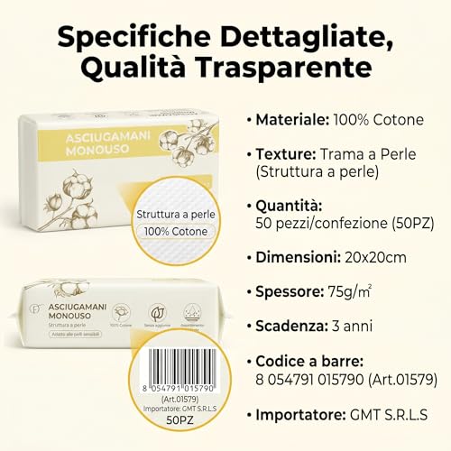FiorDior Disposable Face Towels 100% Cotton, 300 Pieces 20 x 20 cm, 75 g/m², Dry Wipes with Pearl Texture, Soft and Durable, Fragrance Free, Dry or Wet Use