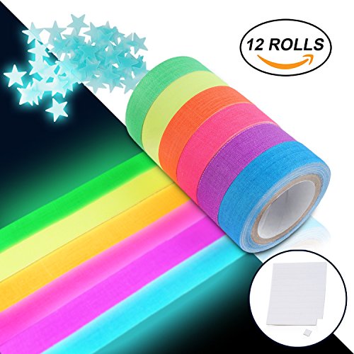 UV Blacklight Reactive Tape Neon Gaffer Fluorescent Cloth Tape For Party Decoration (12 rolls)