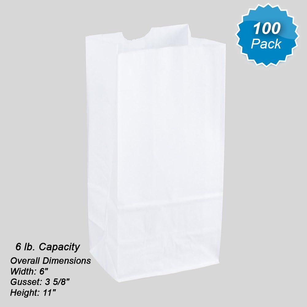 White Paper 6 lb Bags Great for Sandwiches, Food To-Go, School Lunches, Arts and Crafts 100 pack