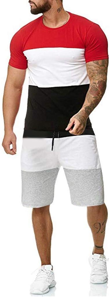 Lazzboy Men 2pcs T-Shirt + Shorts Outfit Sport Set Colour Block Fitness Workout Short Sleeve Summer Lightweight Sets