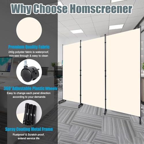 Room Divider Folding Privacy Screens with Wheels, 6FT Tall Divider for Room Separation, 3 Panel Movable Room Partitons, Indoor Room Dividers Panel with Non-See Through Fabric for Office (White)