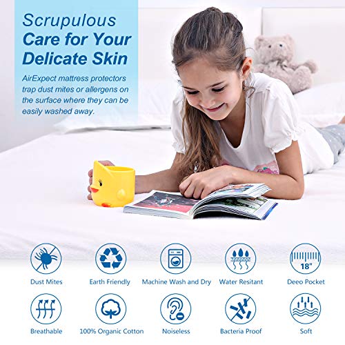Waterproof Mattress Protector Full Size - AirExpect 100% Organic Cotton Hypoallergenic Breathable Mattress Pad Cover, 18" Deep Pocket, Vinyl Free - 54"x75 "