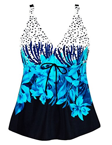 Firpearl Women's Tie Front Swimsuit Retro Tankini Top with Floral Print