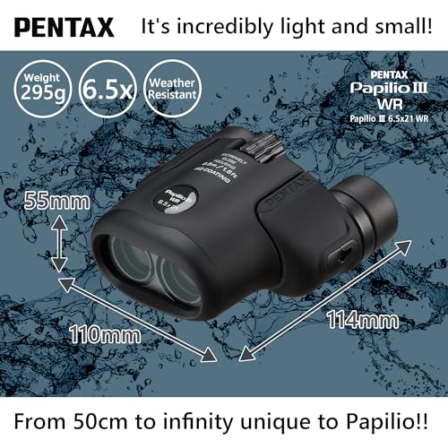 Pentax Papilio III Binoculars, 6.5 x 21 Weatherproof, Black, Close Focus 50 cm, Splashproof, Museum, Outdoor, Nature, Live Sports, HD Coating